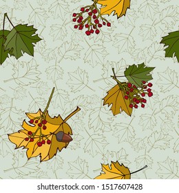 seamless pattern with Rowan leaves, Rowan berries, acorn on a red background