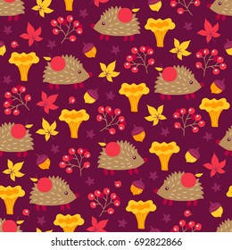 Seamless pattern with rowan, leaves, chanterelle, acorn and hedgehog on dark background. Perfect for wallpaper, gift paper, autumn greeting cards.