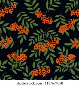 Seamless pattern with rowanberry branches. Autumn background with berries and leaves. It can be used for websites, packing of gifts, fabrics, wallpapers. Vector illustration.
