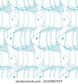 Seamless pattern of rows of blue sea fishes on a white background. Vector graphic style in ink. Marine theme for posters, aquariums, prints, cards, fabric, decoration of restaurants.