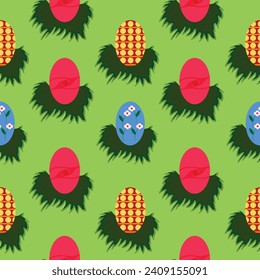 Seamless pattern with rows of colorful eggs arranged in little grass bushes; decorative pattern with colored eggs