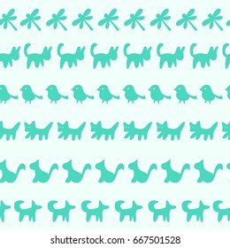 Seamless pattern. Rows of cute cartoon animals and pets. Vector illustration