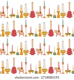 Patrón sin fisuras con filas de velas decorativas de Navidades de borde plano, candelabros elegantes y caballos de juguete. Diseño colorido del día de fiesta para envolver el papel, las impresiones textiles estacionales, o los fondos del día de fiesta