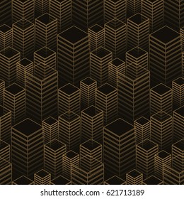 seamless pattern with rows of geometric buildings in gold and black