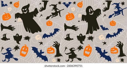 Seamless pattern of rows of halloween icons. Vector spiders and Kid spider web on blue background. Template creepy print for Halloween decoration, design, wallpaper, textile, fabric, wrapping.