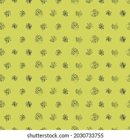 Seamless pattern with rows of hand drawn meadow flowers. Outlined illustrations on mustard-color background for surface design and other design projects