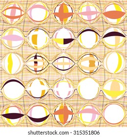 Seamless pattern with rows of horizontal grunge striped circles on grid colorful background