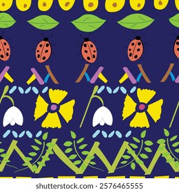 Seamless pattern with rows of natural elements; Seamless pattern with rows of ladybug , flowers, leaves; cool ethnic pattern to print 