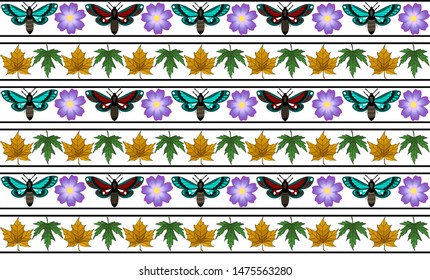 Seamless pattern of rows of ornaments, butterflies, flowers, leaves 2