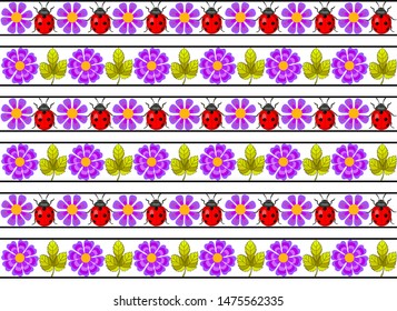 Seamless pattern of rows of ornaments, ladybug, flowers, leaves