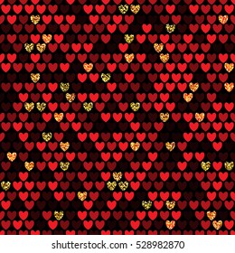 Seamless pattern with rows of red hearts. Repetitive background with red and golden glittery hearts. Vector illustration for your graphic design.