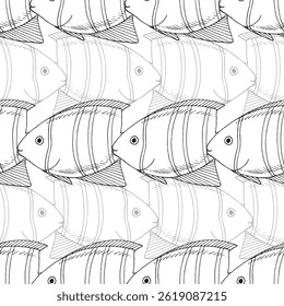 Seamless pattern of rows of sea fishes. Vector graphic style in ink. Marine theme for posters, aquariums, prints, cards, fabric, decoration of restaurants.