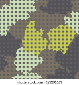 Seamless pattern. The rows of squares on the background of the shapeless stains. Fashionable camouflage.  Gray, green, brown.