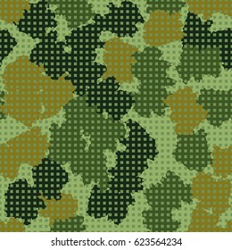 Seamless pattern. The rows of squares on the background of the shapeless stains. Fashionable camouflage. Green, khaki.