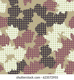 Seamless pattern. The rows of squares on the background of the shapeless stains. Fashionable camouflage. Green, brown, pink, white.