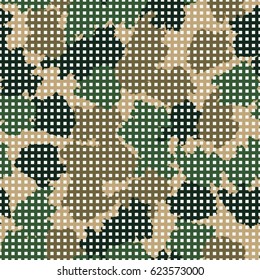Seamless pattern. The rows of squares on the background of the shapeless stains. Fashionable camouflage. Green, brown, white.