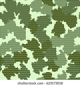 Seamless pattern. The rows of squares on the background of the shapeless stains. Fashionable camouflage. Green, white.