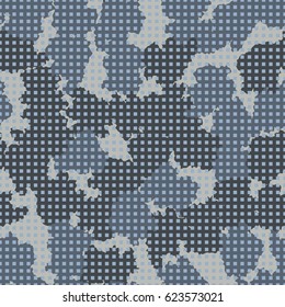 Seamless pattern. The rows of squares on the background of the shapeless stains. Fashionable camouflage. Blue, gray.