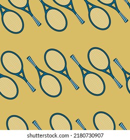 Seamless pattern with rows of Tennis rackets on yellow background. Repeat vector design. Great for fabric, products, wrapping paper, sports goods. Background wallpaper. Vector illustration.