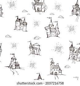 Seamless pattern royal castles with flags on the tower. design for packaging, wallpaper, textiles for children's pastel linen. Doodle style. Vector graphics.