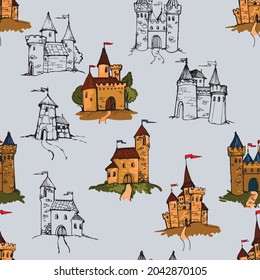 Seamless pattern royal castles with flags on the tower. design for packaging, wallpaper, textiles for children's pastel linen. Doodle style. Vector graphics.