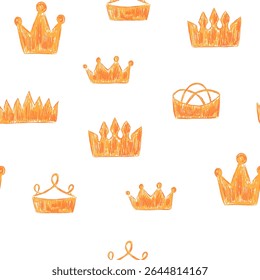 Seamless pattern of royal crown drawn with crayon or pencil texture brush in golden color