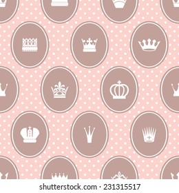 Seamless pattern with royal crowns on polka dot in pastel colors. Vector