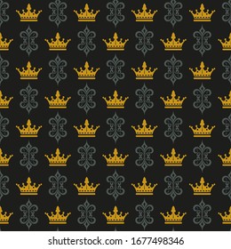 Seamless pattern. Royal gold crowns on black background