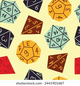 Seamless pattern with RPG board games different dices, hand drawn vector illustration