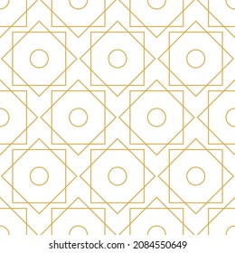 Seamless pattern with Rub el Hizb sign. Islamic Star. Symbol of Islam in gold color on white background. Line art. Modern design for print on fabric, packing, wallpaper, wrapping. Vector illustration