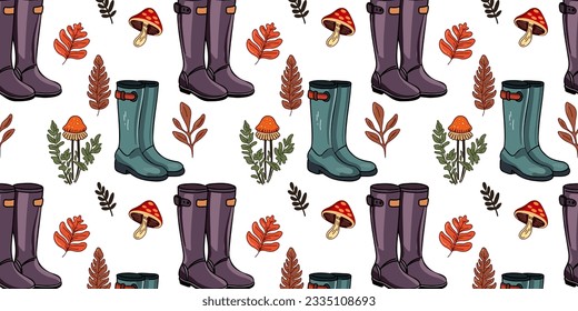 Seamless pattern with rubber boots, autumn leaves and mushrooms. Vector illustration in flat style