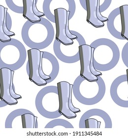 Patrón sin fisuras de botas y círculos de goma, zapatos azules sobre una ilustración vectorial de fondo blanco