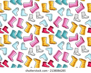 Seamless pattern with Rubber Boots. Different colors and shape boots. Foot protection. Cartoon cute rubber boots pairs icon. Repeated Vector illustration for wallpaper, textile, packaging