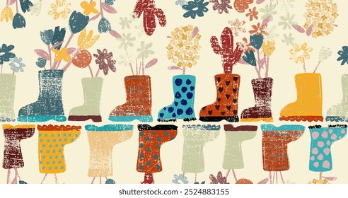 Seamless pattern with rubber boots and fallen autumn leaves. Autumn pattern. Autumn leaves and rubber boots. Template abstract seamless pattern rubber boots.