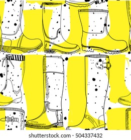 Seamless pattern with rubber boots. Figure in vintage style by hand. Cute autumn background.