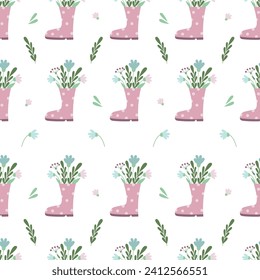 Seamless pattern with rubber boots and flowers. Hand drawn vector illustration.