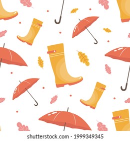 seamless pattern rubber boots and umbrella on white background
