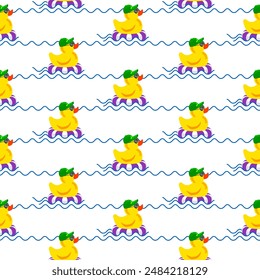 Seamless pattern with rubber duck floating on the waves on the inflatable circle. Character in cap and sunglasses. Vector illustration.