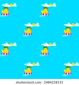 Seamless pattern with rubber duck floating on the waves on the inflatable circle. Character in cap and sunglasses. Vector illustration.