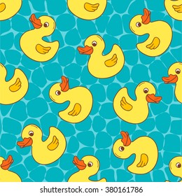 Seamless pattern with rubber ducklings hand drawn icons. Colorful illustration vector. Decorative wallpaper, good for printing