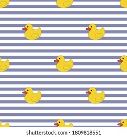 A seamless pattern with rubber ducks on blue stripes background.
