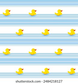 Seamless pattern with rubber ducks on a striped background. Vector illustration.