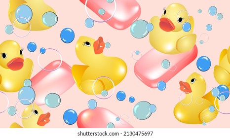 seamless pattern with rubber ducks. soap and bubbles