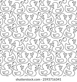 Seamless pattern with rubber ducks and soap bubbles. Background with bath toys in doodle style