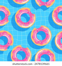 seamless pattern of rubber inflatable donut for the pool. Swim rings in flat style on the cell background. Swimming in pool with rubber circles, summertime water activities. Rubber toy for water