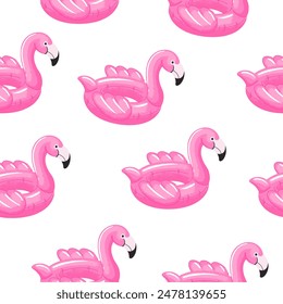 seamless pattern of rubber inflatable pink flamingo for the pool. Swim rings in flat style on white background. Swimming in pool with rubber circles, summertime water activities. Rubber toy for water