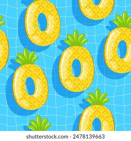 Seamless pattern of rubber inflatable yellow pineapple for swimming pool. Swimming rings in flat style on a checkered background. Swimming in the pool, summer water activities.