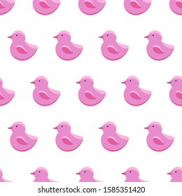 Seamless pattern rubber pink duck. Bath toy in flat style isolated on white background. Children's background in vector. Cute baby bathing toy. Сhildren's toys. For textile, packaging, fabric, paper.