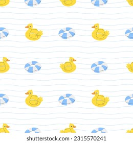 Seamless pattern with rubber rings duck on a white background in cartoon flat style. Vector summer illustration background.