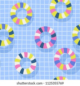 Seamless pattern with rubber rings in swimming pool. Trendy vector illustration. 